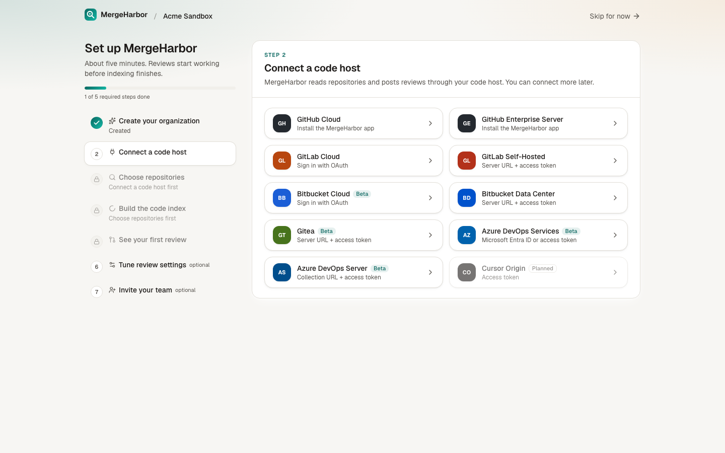 Connecting a code host: GitHub, GitLab, Bitbucket, and Gitea options