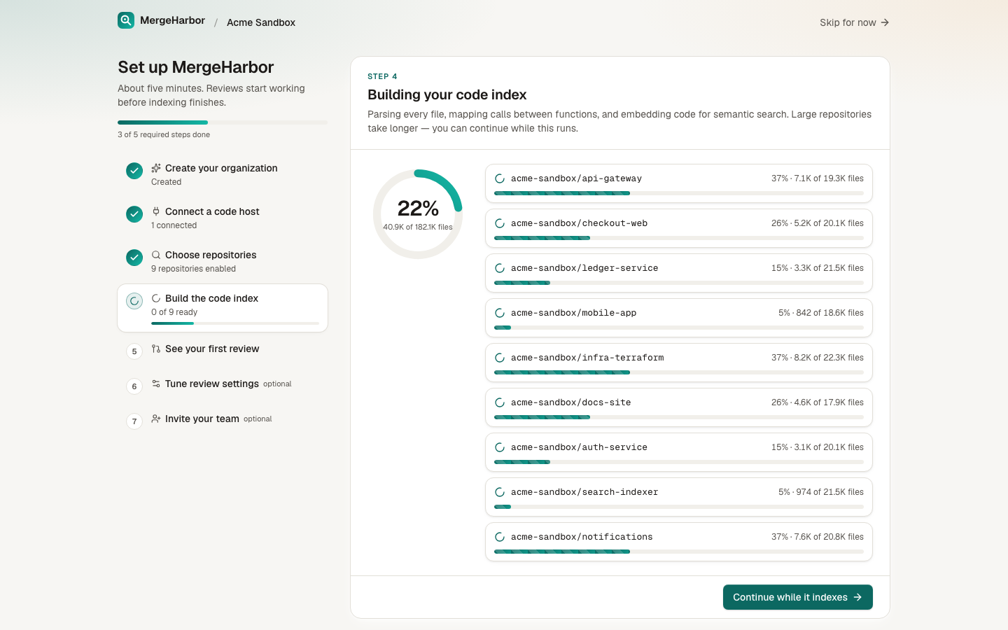 Repositories being indexed with per-repository progress