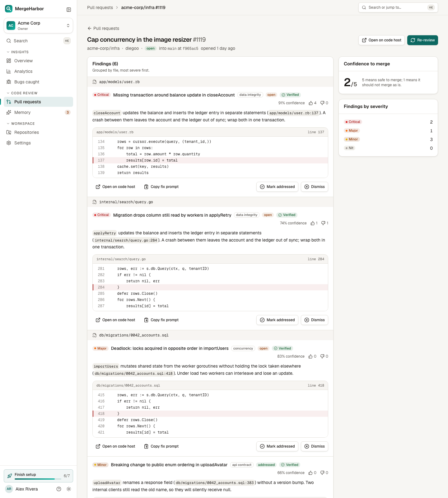 Pull request detail with summary, confidence score, findings by file, and review history