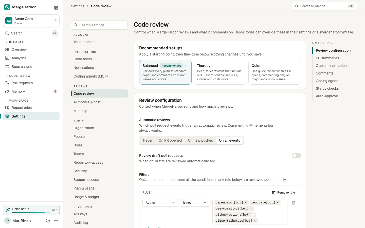 Code review settings with triggers, filters, depth, strictness, and status checks