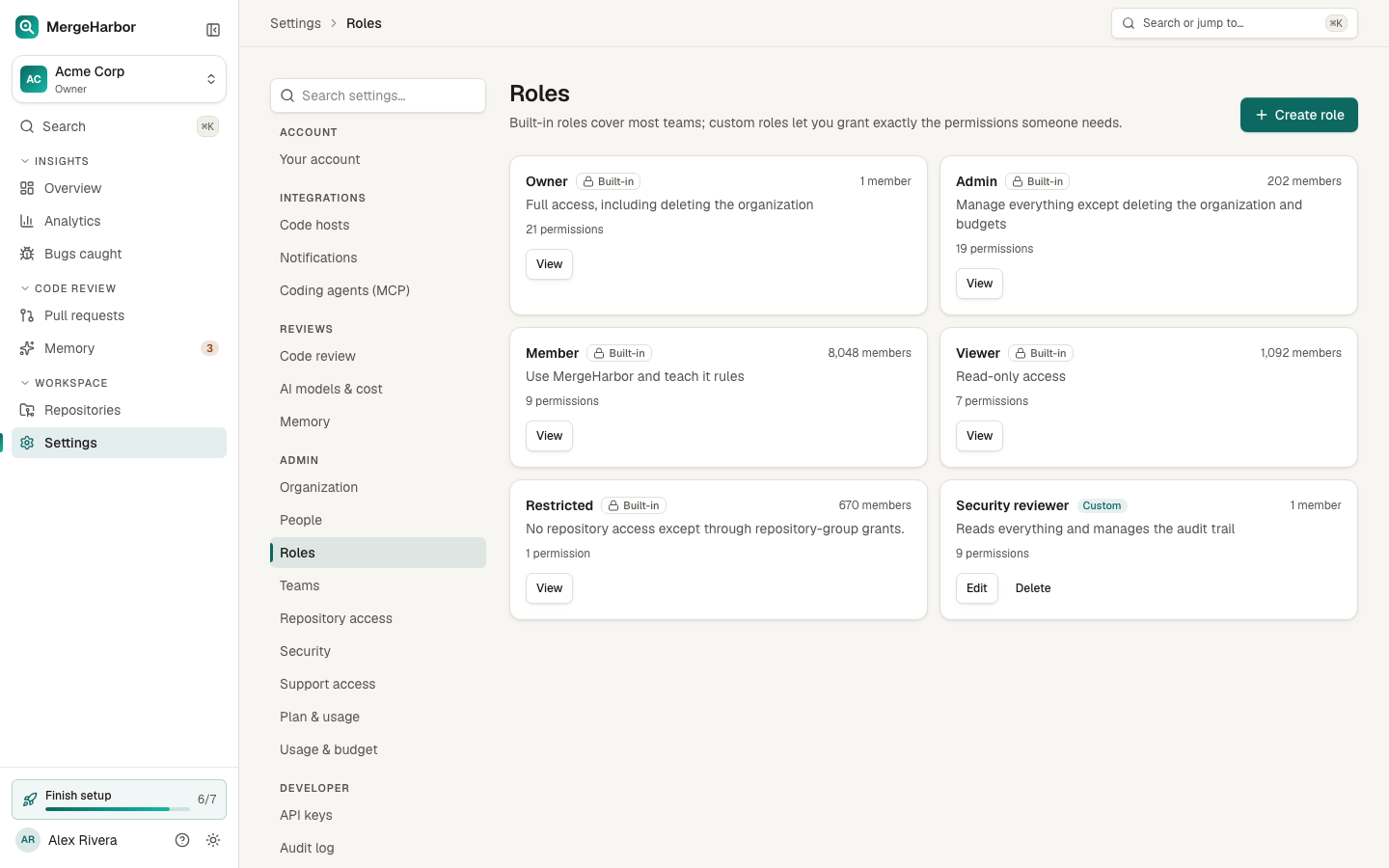 Custom role builder with grouped permissions